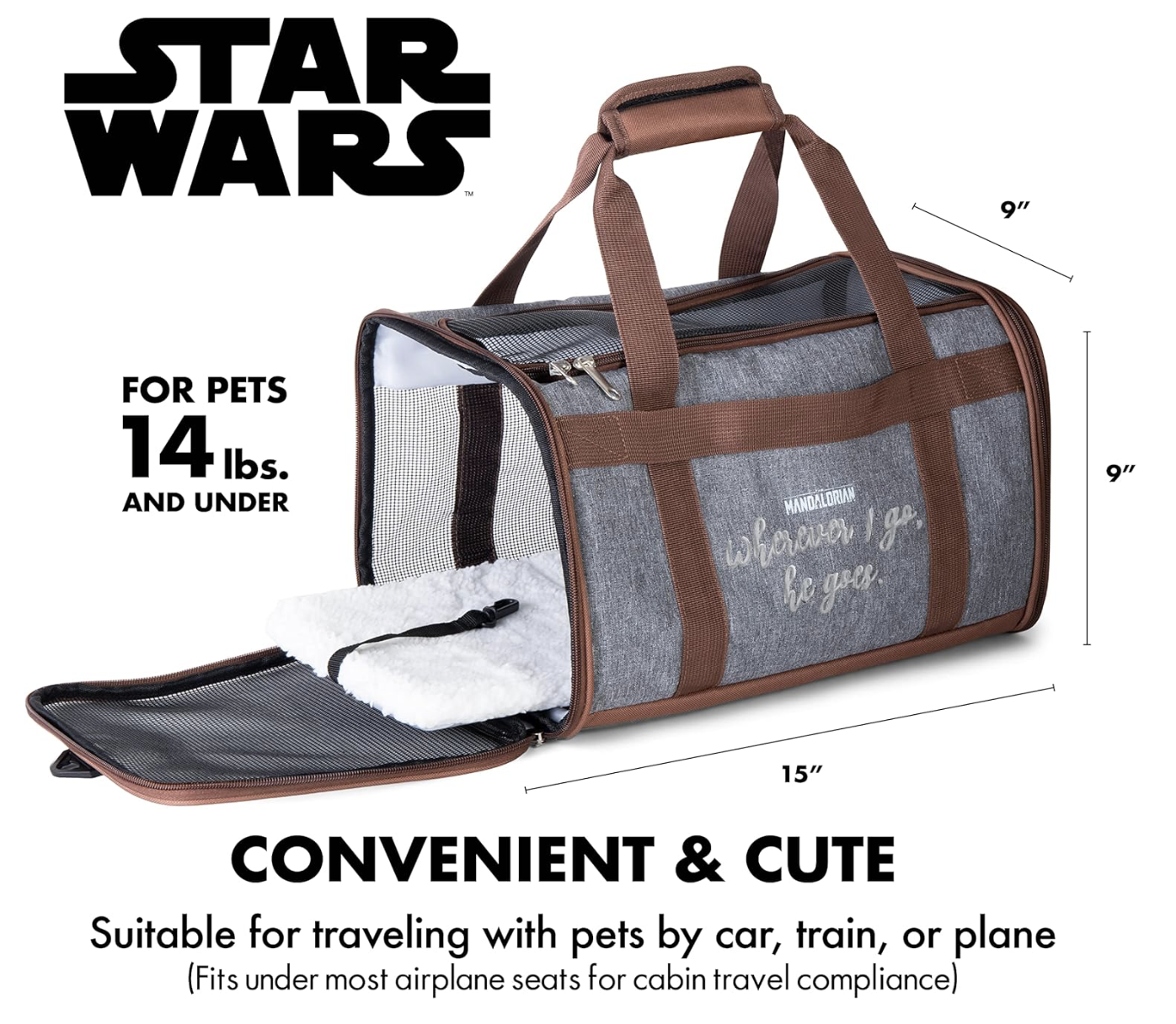 Star Wars for Pets The Mandalorian Soft Pet Carrier “Wherever I go, he goes” Gray & Brown Dog Travel Bag- 15 x 9 x 9 | Luggage Carrier for Dogs, Fits Under Plane Seat