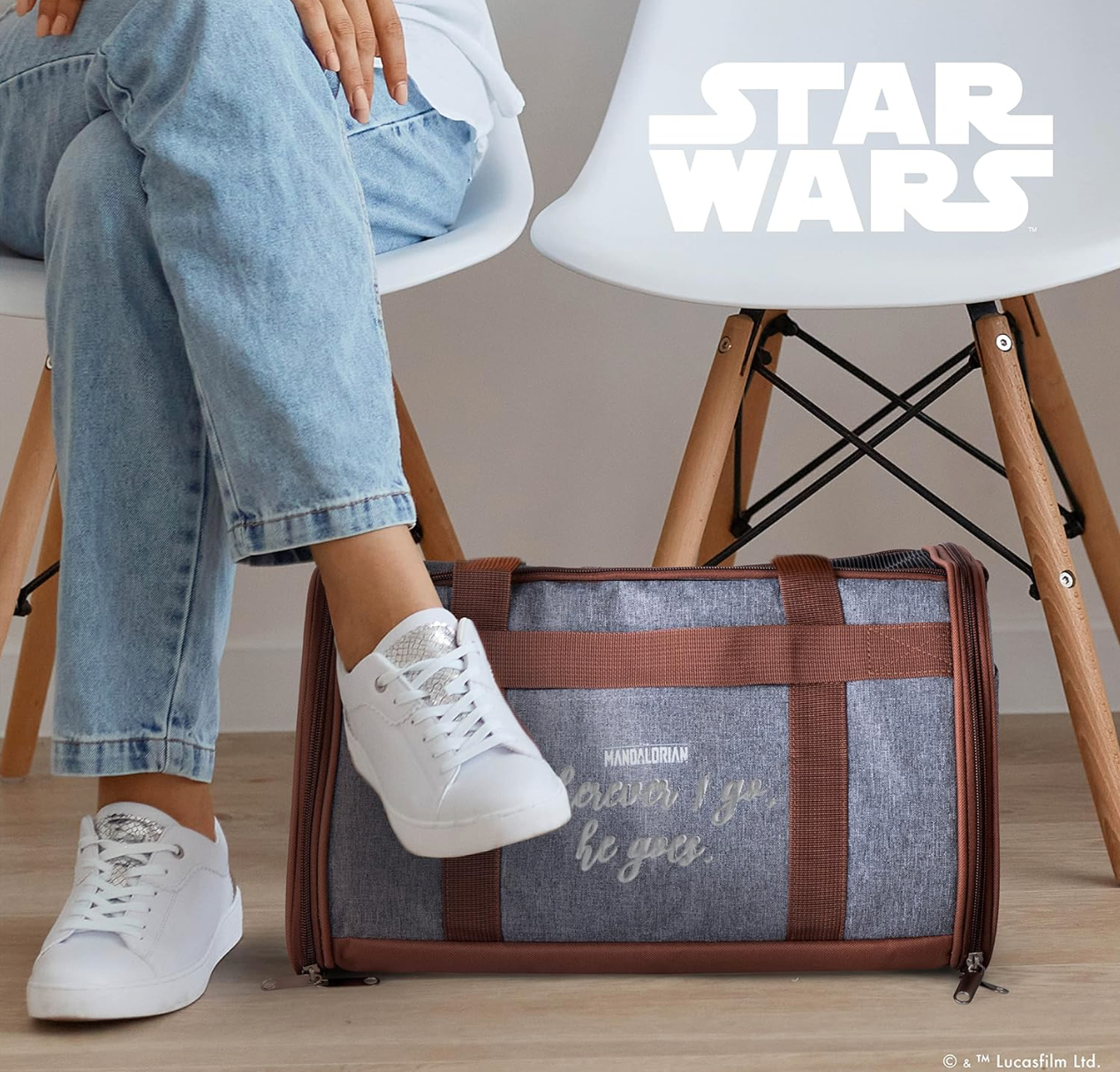Star Wars for Pets The Mandalorian Soft Pet Carrier “Wherever I go, he goes” Gray & Brown Dog Travel Bag- 15 x 9 x 9 | Luggage Carrier for Dogs, Fits Under Plane Seat