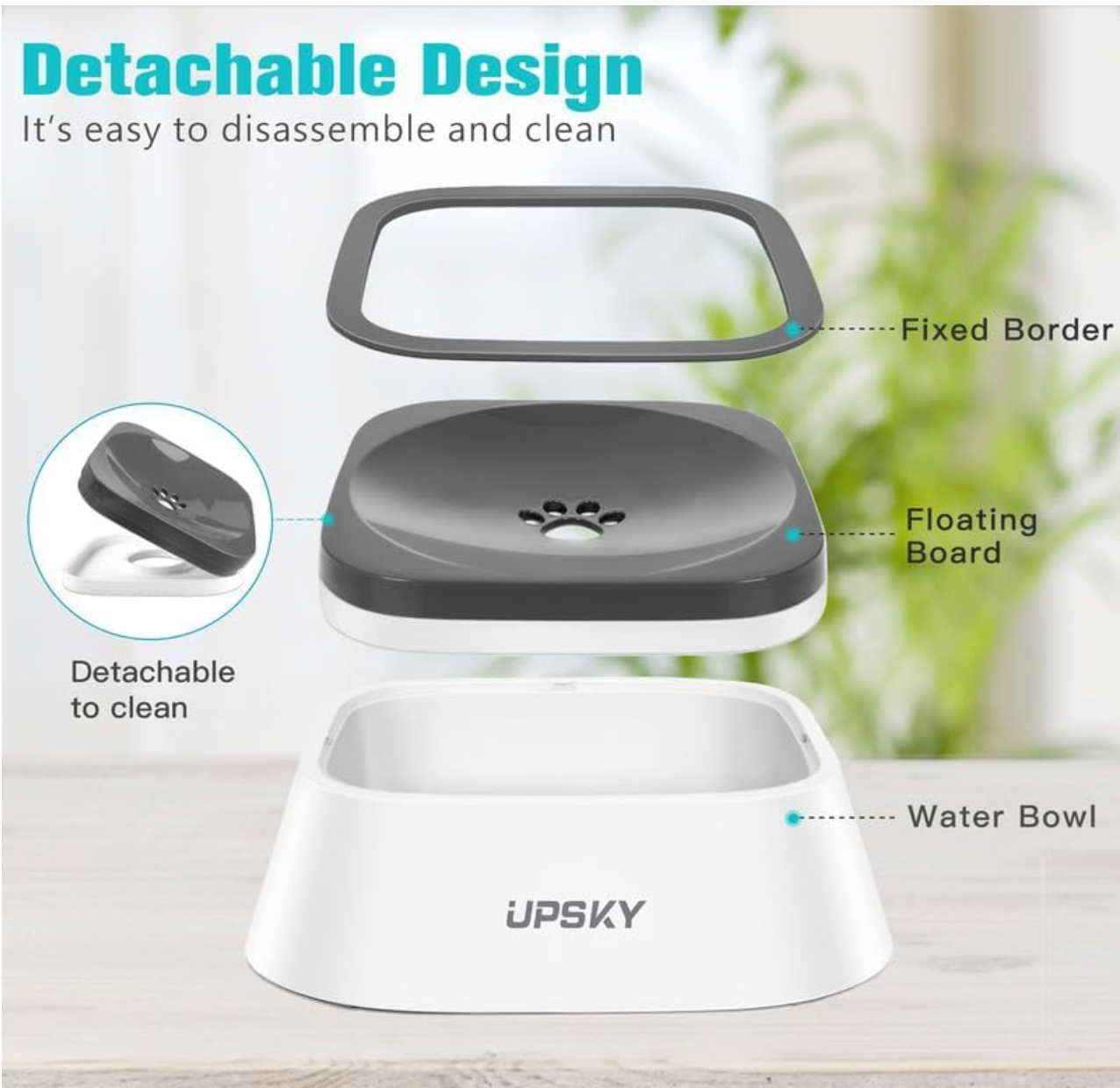 UPSKY No-Spill Pet Water Bowl- 35oz Gray and White