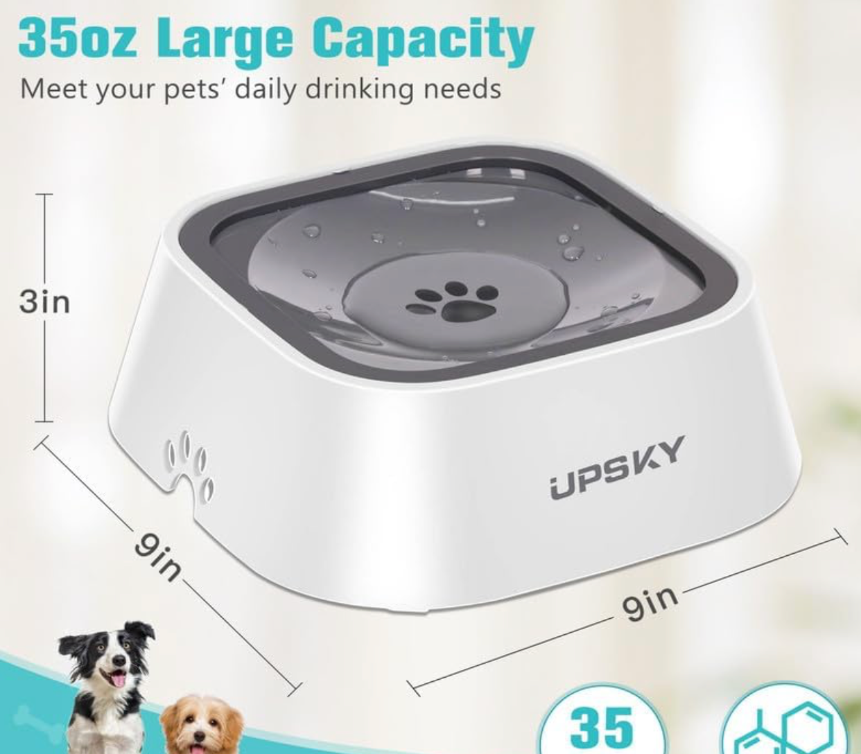 UPSKY No-Spill Pet Water Bowl- 35oz Gray and White