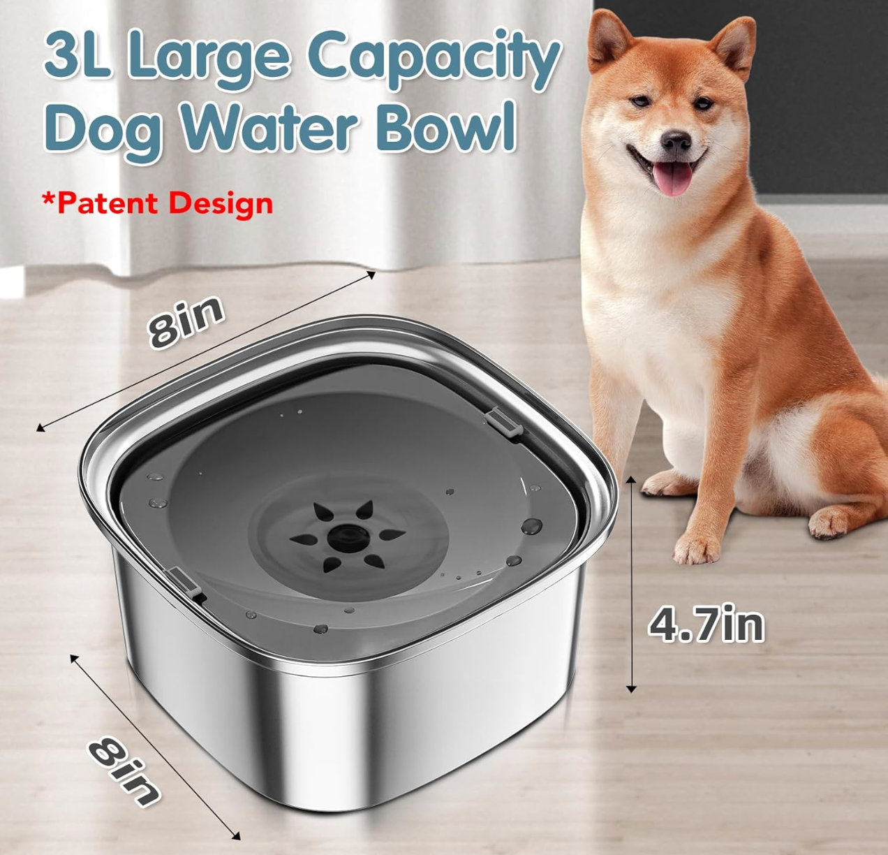 UPSKY 3L Spill Proof Dog Water Bowl- Stainless Steel