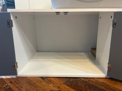 White Wooden Hidden Litter Box Cabinet with Scratcher and Grey Doors