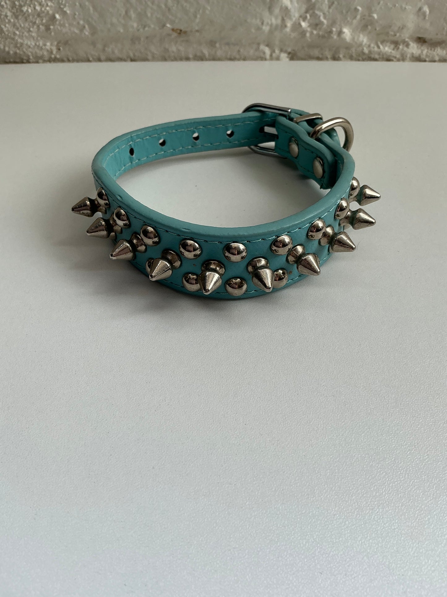 Blue Faux Leather Spiked Collar Small