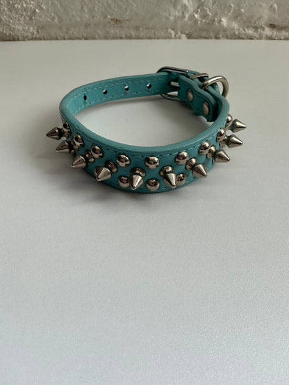 Blue Faux Leather Spiked Collar Small