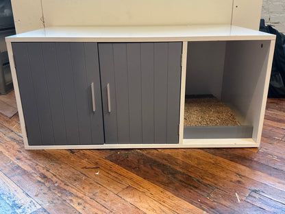 White Wooden Hidden Litter Box Cabinet with Scratcher and Grey Doors