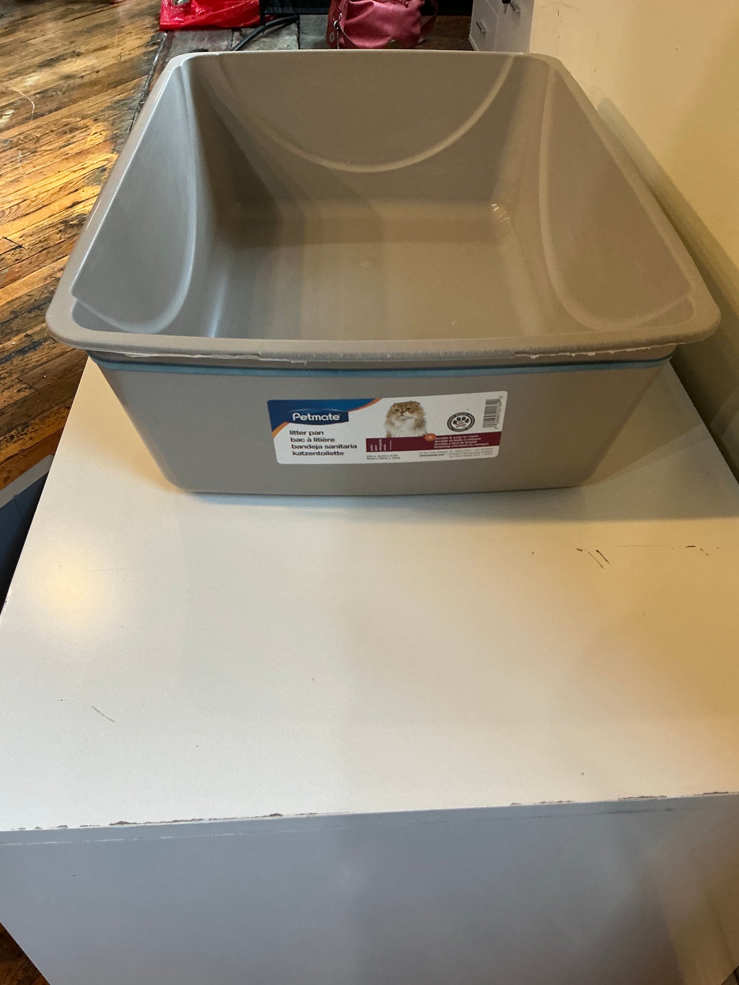 White Wooden Hidden Litter Box Cabinet with Scratcher and Grey Doors