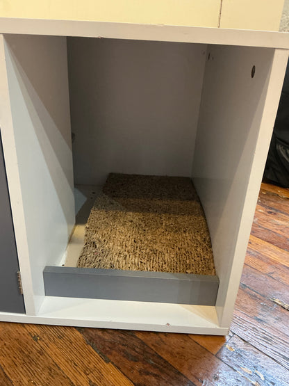 White Wooden Hidden Litter Box Cabinet with Scratcher and Grey Doors