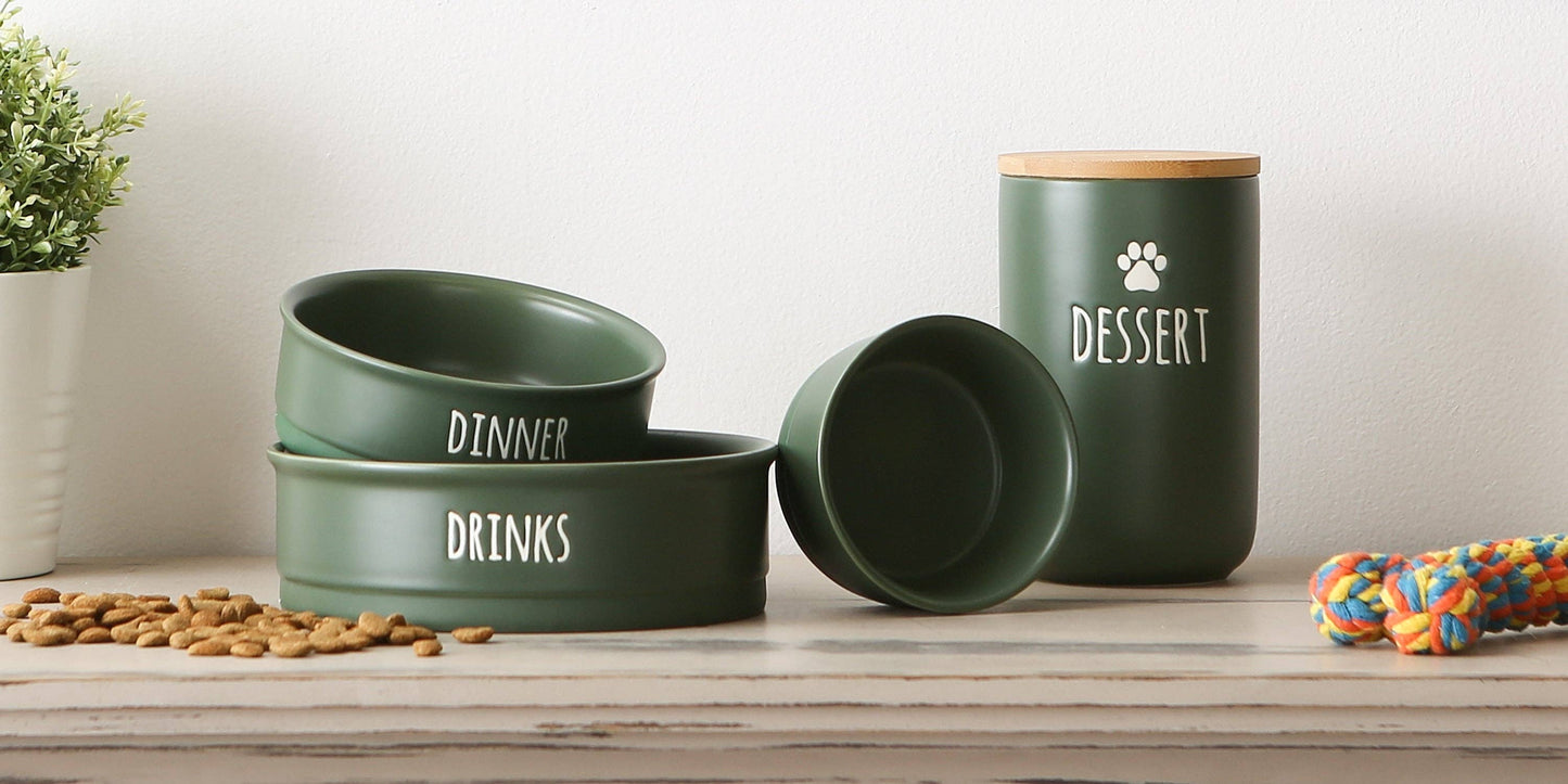 Pet Bowl Dinner And Drinks Hunter Green Medium 6Dx2H Set of 2