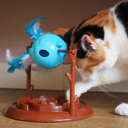 Doc and Phoebe Twirly Bird Cat Treat Dispenser Brown-Blue 5.25in