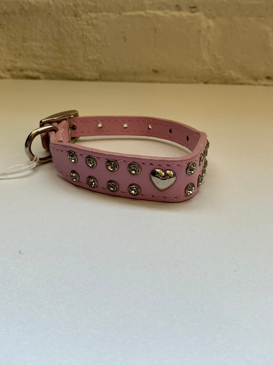 Vibrant Life Pink Heart Faux Leather Collar with Rhinestones - XS