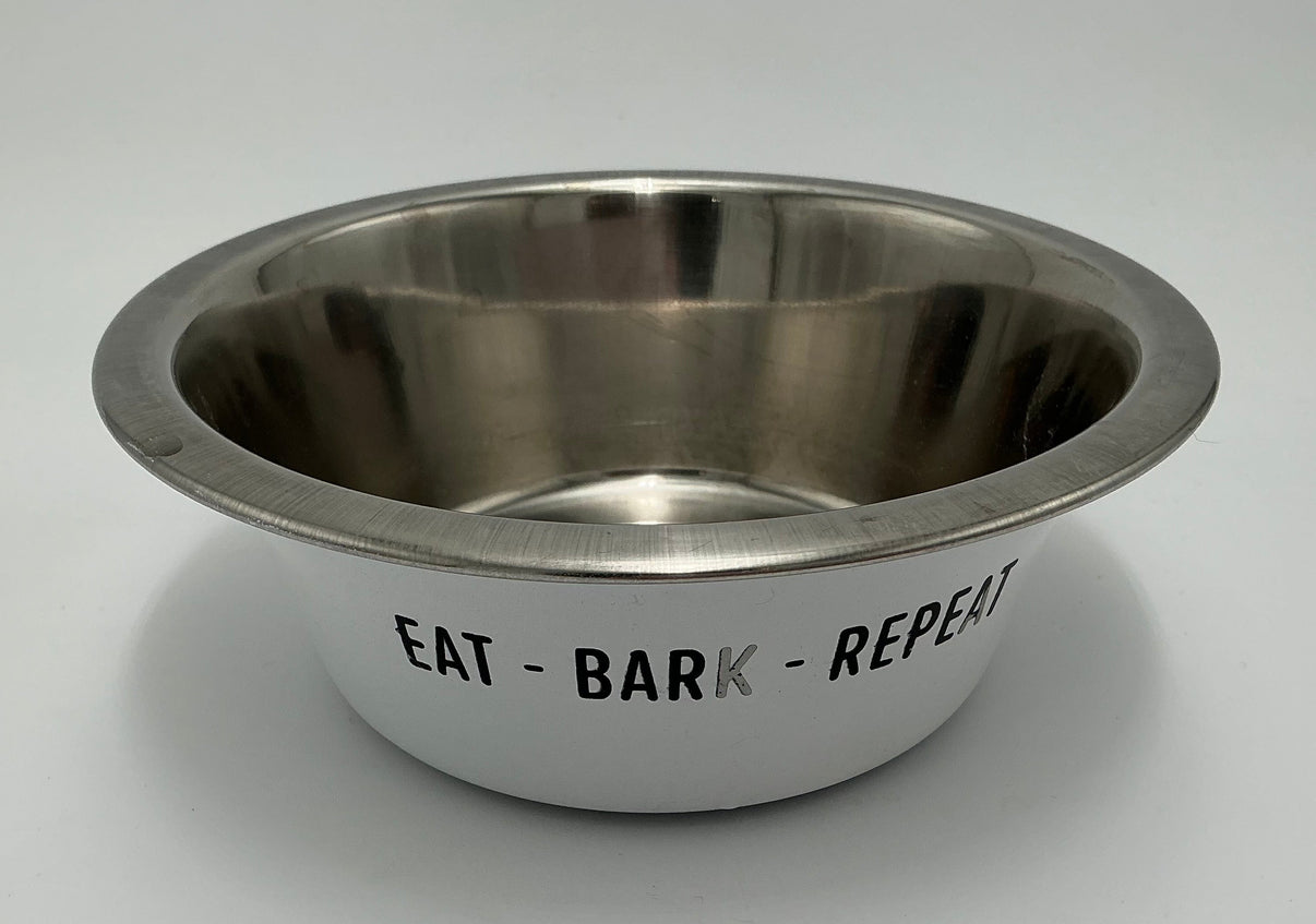 "Eat - Bark - Repeat" Stainless Steel Dog Bowl- White Indiana Pet Supply