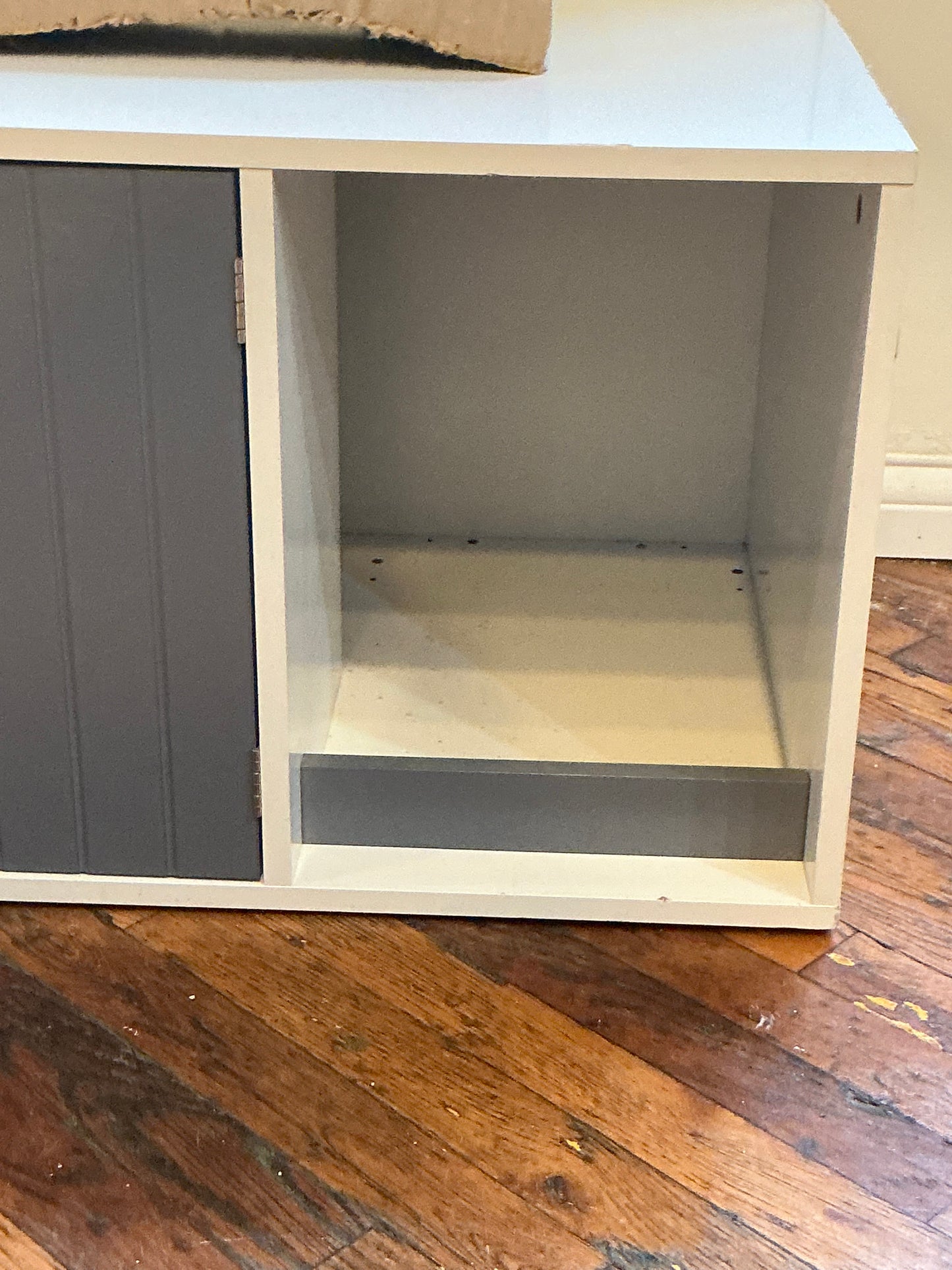 White Wooden Hidden Litter Box Cabinet with Scratcher and Grey Doors