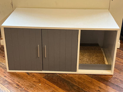 White Wooden Hidden Litter Box Cabinet with Scratcher and Grey Doors