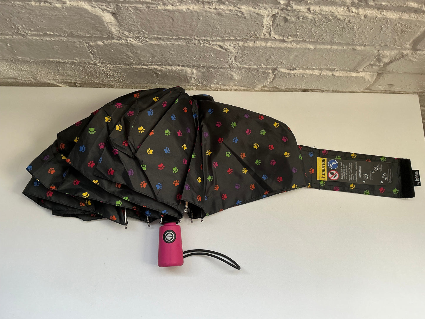 By Totes Black Umbrella with Multicolor Pawprints