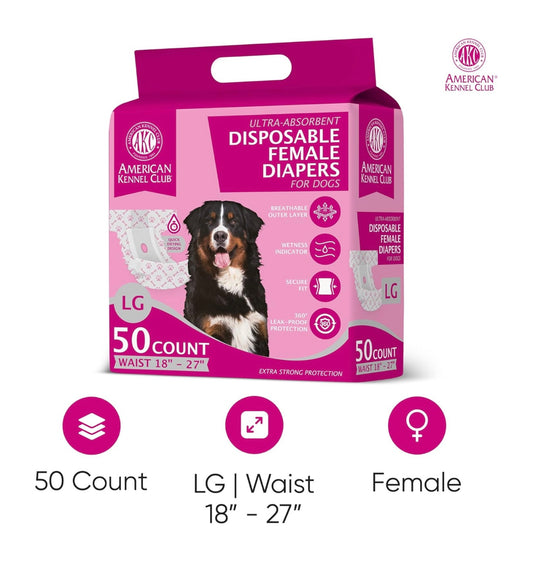 American Kennel Club Female Dog Disposable Diapers with Wetness Indicator- LG, 50 Count (OPEN PACKAGE)