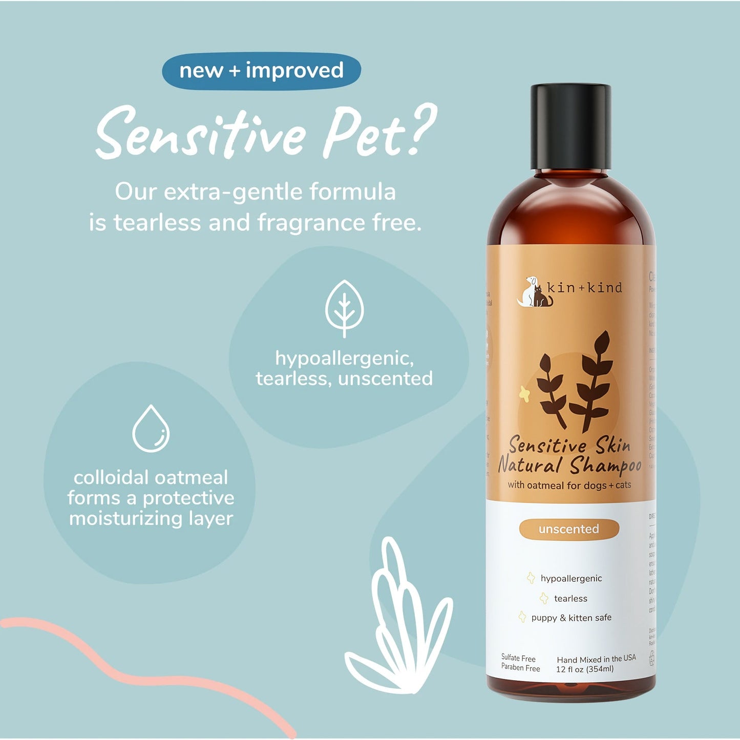 Kin+Kind Sensitive Skin Unscented Oatmeal 12oz. Natural Shampoo Puppy/Kitten Safe