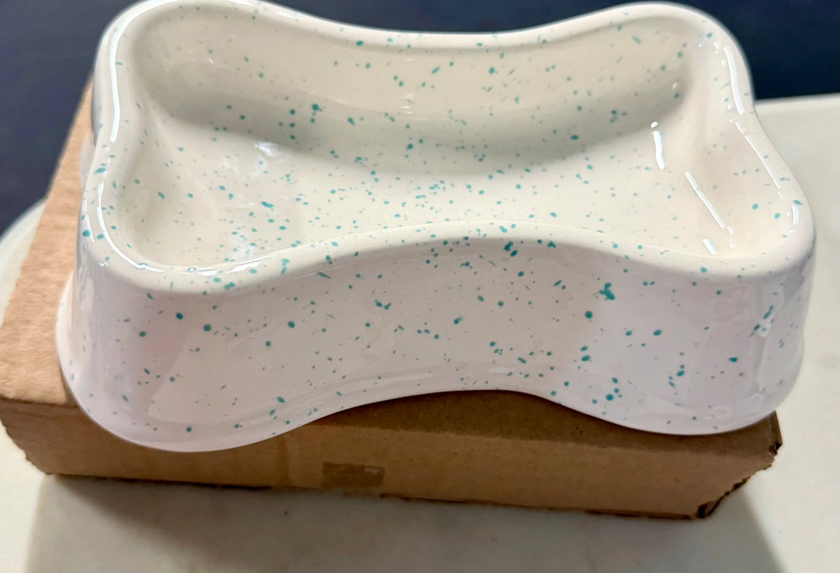 8” Bone-Shaped Dog Bowl – Aqua Speckle on White Ceramic Indiana Pet Supply
