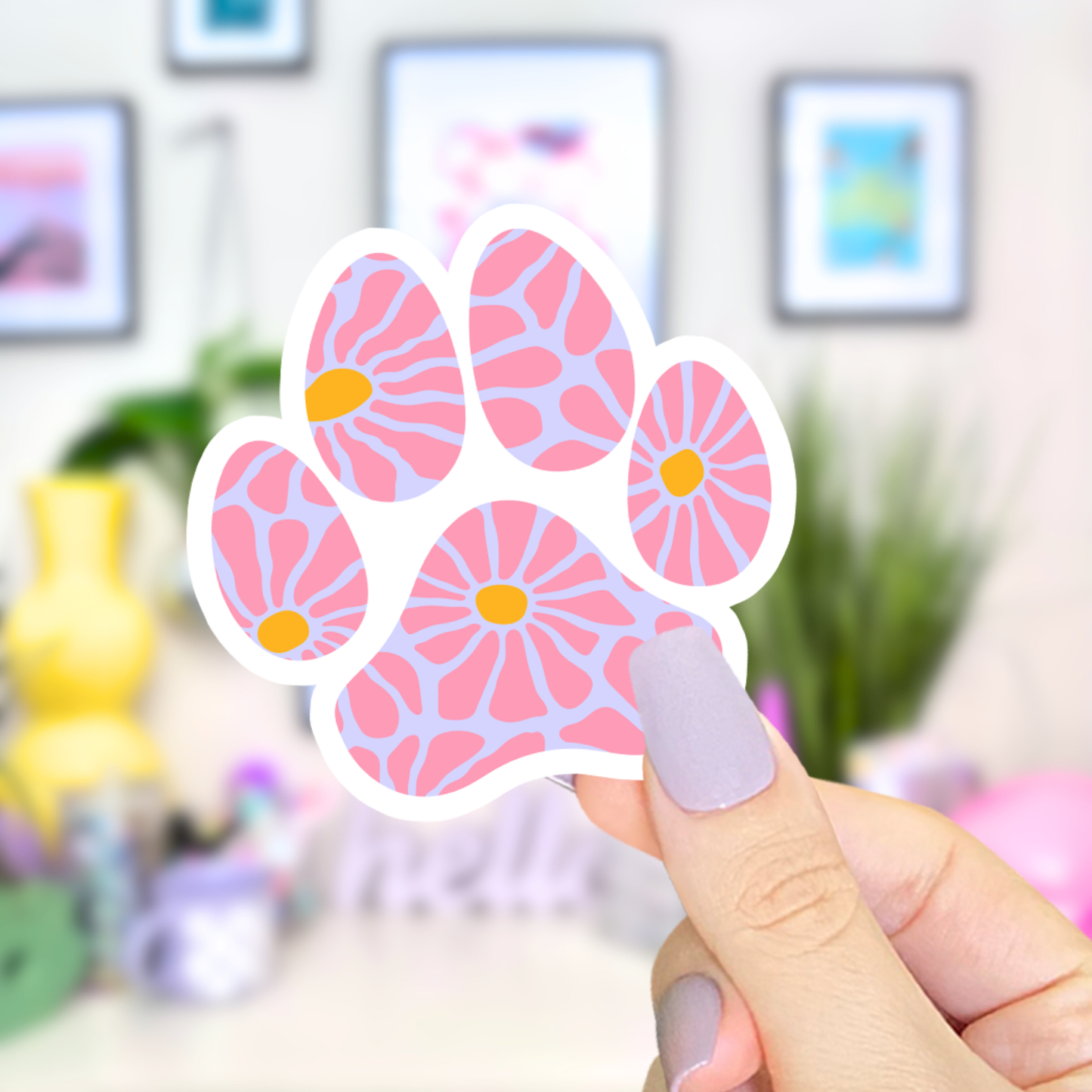 Paw Print Pink Flower Waterproof Vinyl Sticker