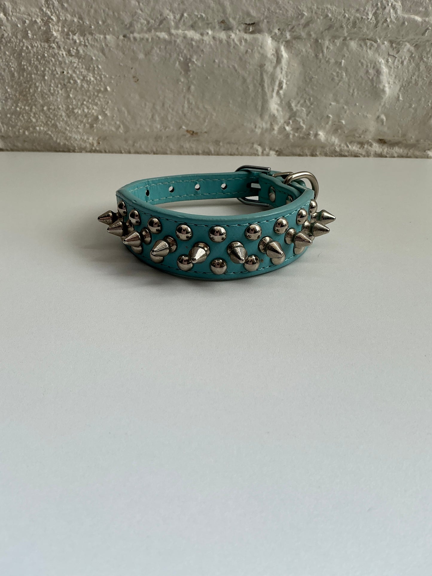 Blue Faux Leather Spiked Collar Small