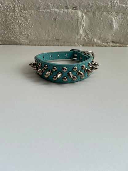 Blue Faux Leather Spiked Collar Small