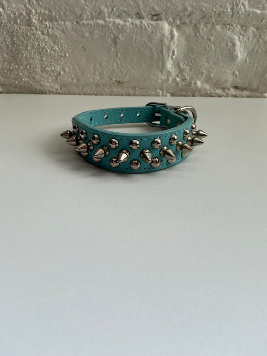 Blue Faux Leather Spiked Collar Small