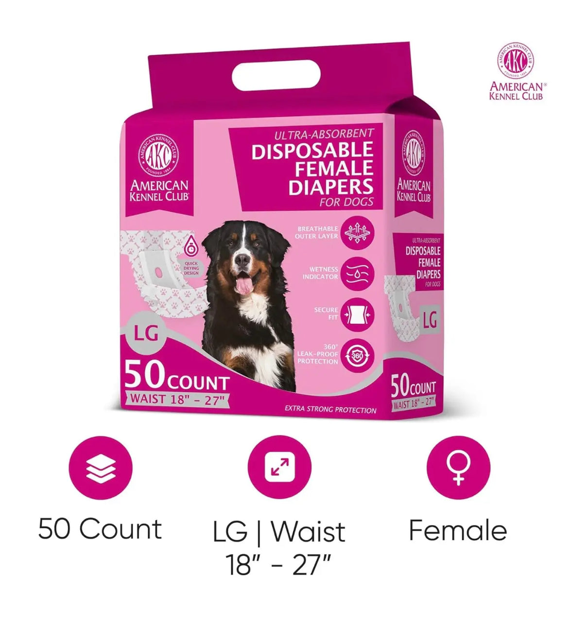American Kennel Club Female Dog Disposable Diapers with Wetness Indicator- LG, 50 Count (OPEN PACKAGE) Indiana Pet Supply