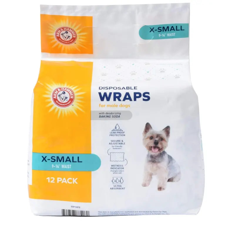 Arm & Hammer for Pets Male Dog Wraps, X-Small 12ct | Super Absorbent Dog Wraps for Male Dogs | Arm & Hammer Baking Soda Enhanced Doggie Diapers for Odor Control, Dog Diapers Male, Male Dog Diapers Indiana Pet Supply