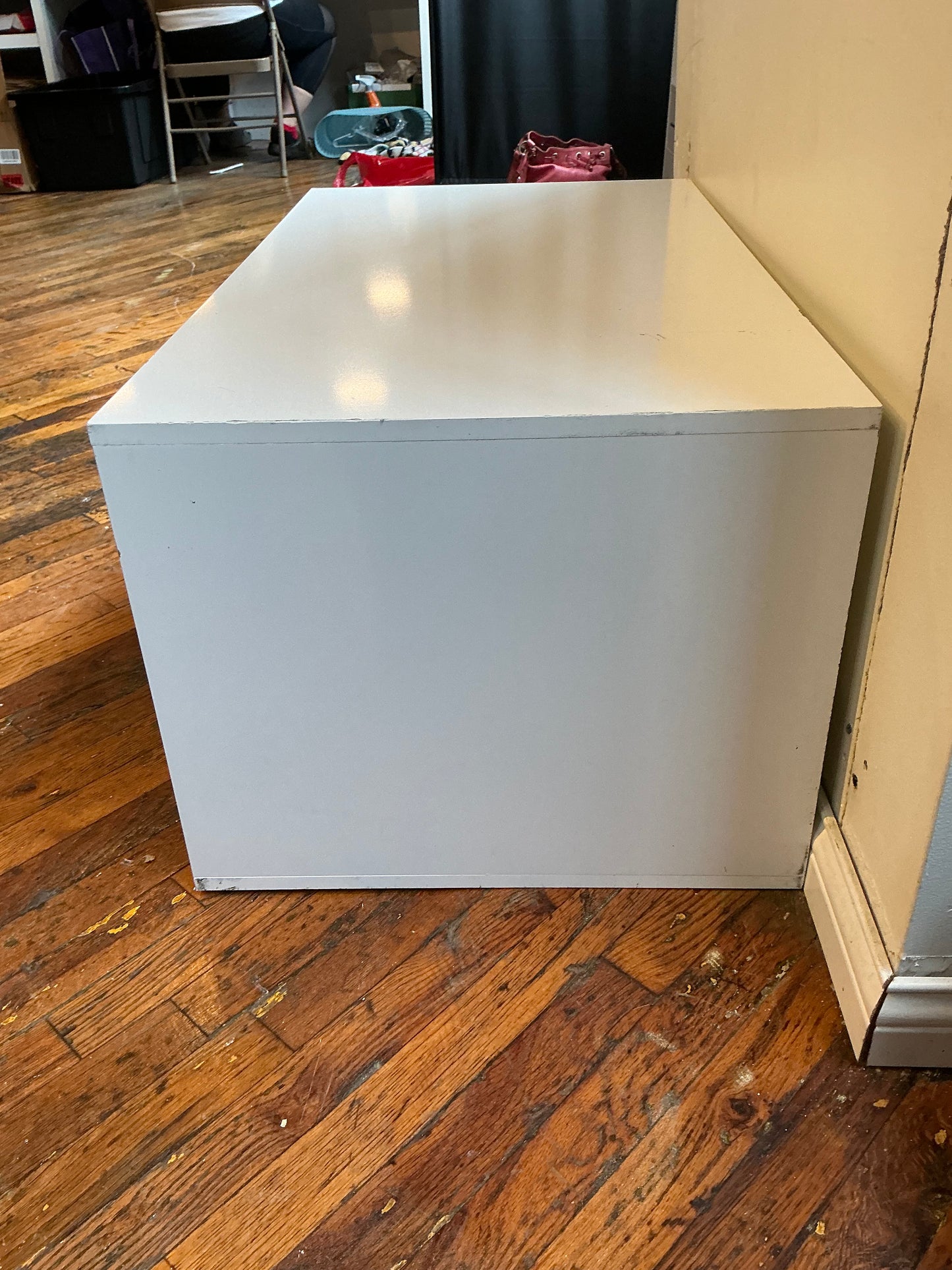 White Wooden Hidden Litter Box Cabinet with Scratcher and Grey Doors