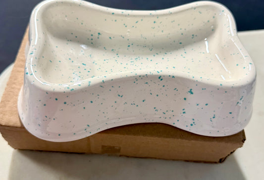 8” Bone-Shaped Dog Bowl – Aqua Speckle on White Ceramic