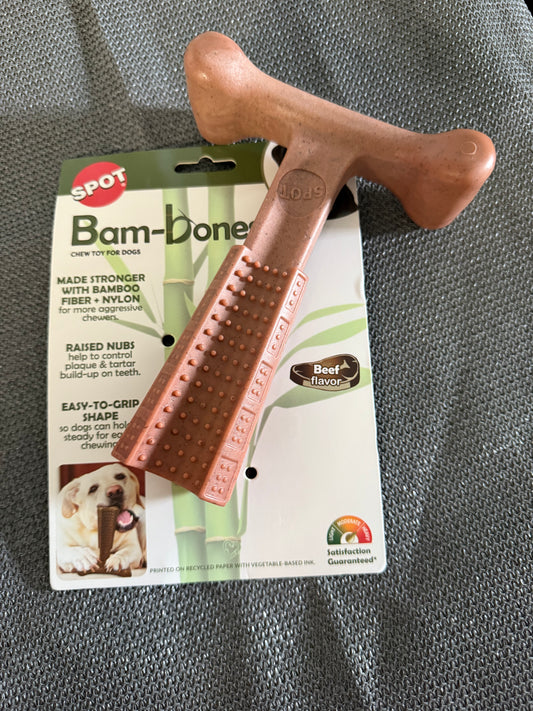 SPOT Bam-Bones Plus T Bone - Bamboo Fiber & Nylon, Durable Long Lasting Dog Chew for Aggressive Chewers – Great Toy for Adult Dogs & Teething Puppies Under 90lbs, Non-Splintering, 7in, Beef Flavor