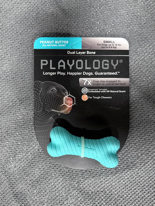 Playology Dog Toys Dual Layer Bone Chew Toy | Durable Rubber Dog Toys for Small Dogs | Peanut Butter Scented Blue Toy Bones Made from Non Toxic Materials