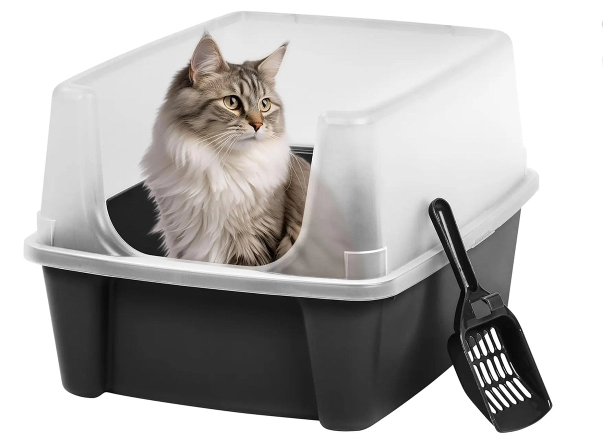 IRIS USA Large Open Top Cat Litter Box with High Sides, Scatter Shield & Scoop, Black Indiana Pet Supply