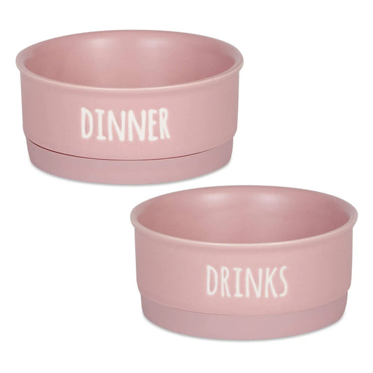 Pet Bowl Dinner And Drinks Pale Mauve Small Set of 2 Bone Dry