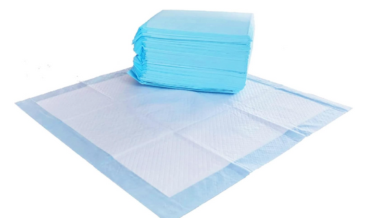 Amazon Basics Leakproof, Absorbent, Disposable Puppy Pads for Potty Training, Heavy Duty Absorbency, Regular Size, 24 x 23 Inches, Pack of 50, Blue & White