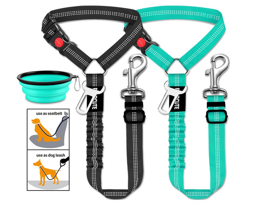 3 Piece Dog Car Seat Belt Set- 2 Bungee Belts, 1 Bowl