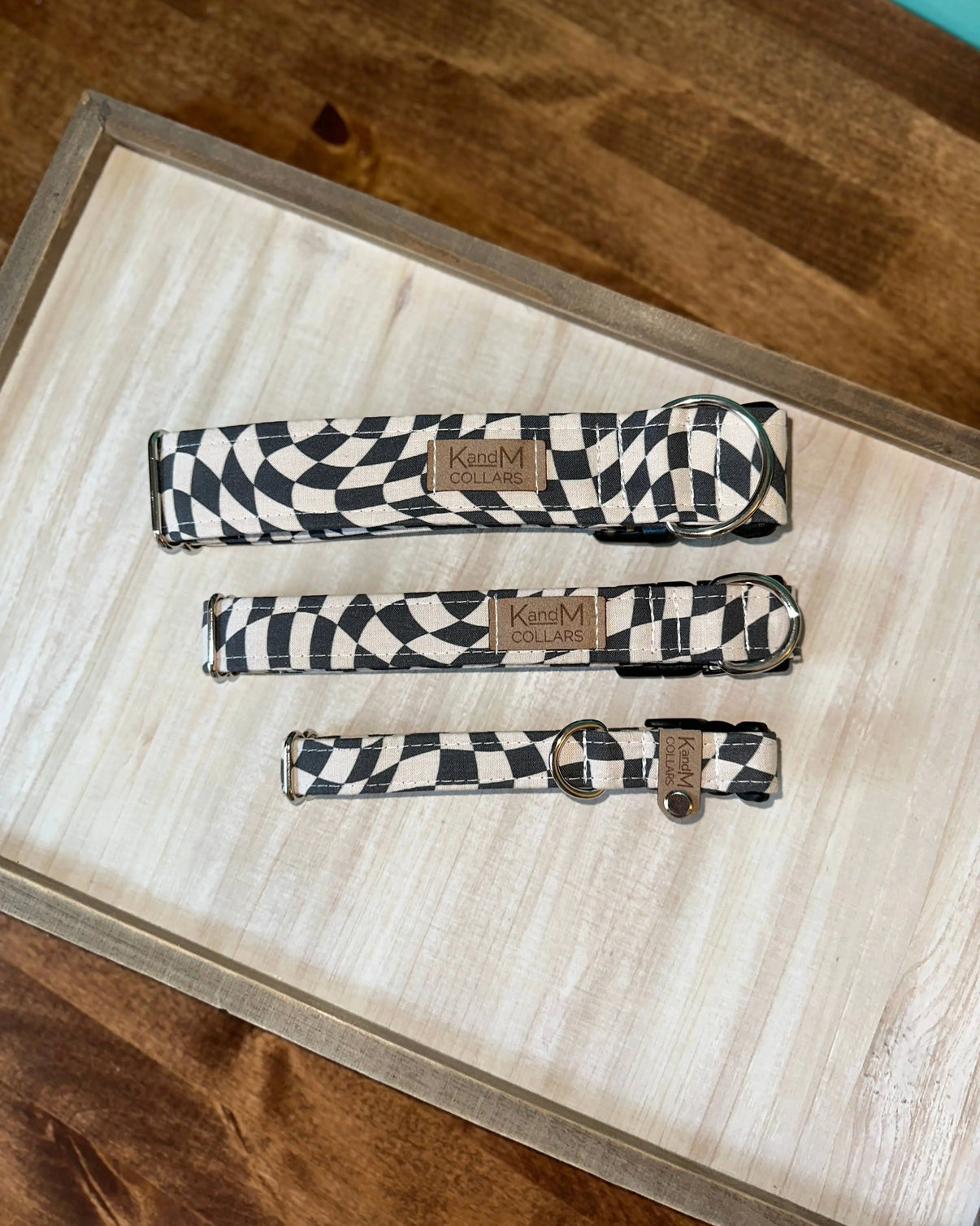 Wavy Black & White Checkerboard Dog Collar K and M Collars, LLC