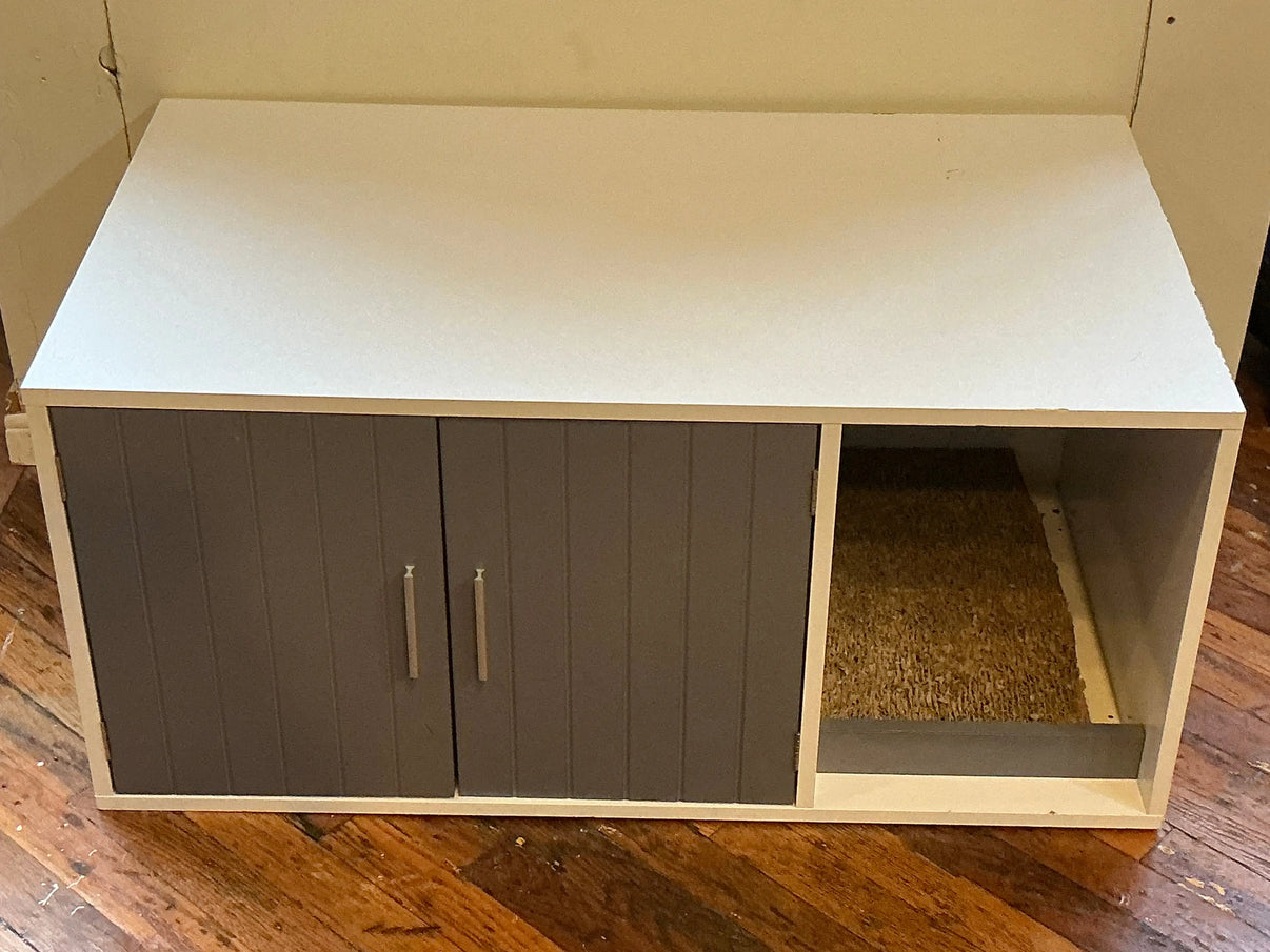 White Wooden Hidden Litter Box Cabinet with Scratcher and Grey Doors Indiana Pet Supply
