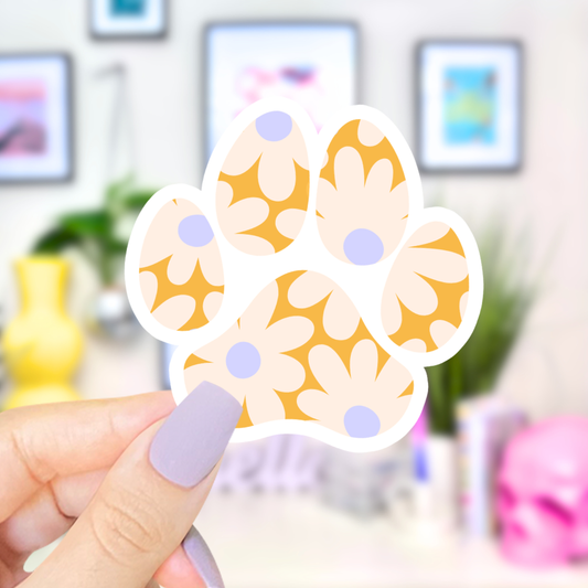 Paw Print Yellow Flowers Waterproof Vinyl Sticker