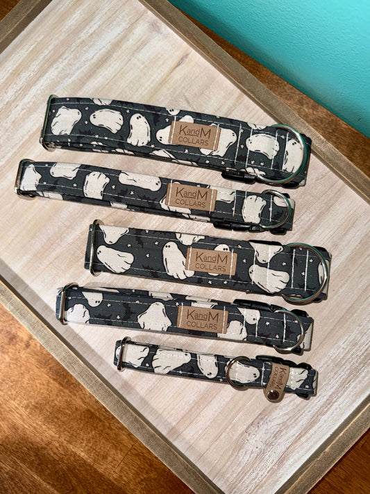 White Ghosts on Black Halloween Dog Collar, Spooky, Fall
